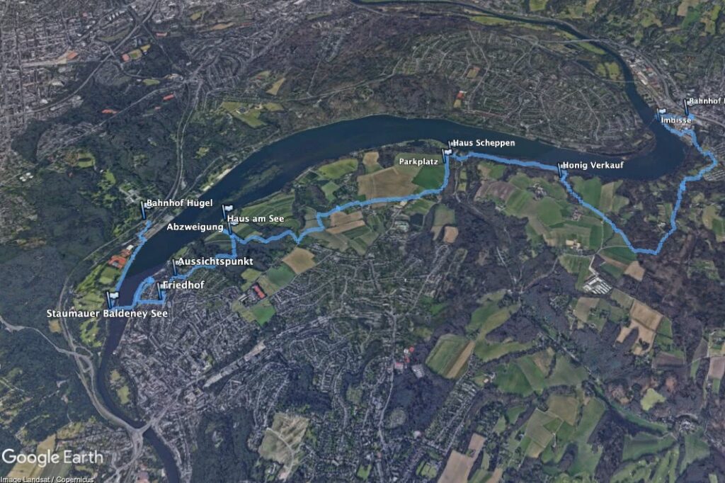 Wandern: Der südliche Teil des Baldeney-Steigs 1 Eine Übersicht über die Route der Wanderung. (Erstellt mit Google Earth Pro)