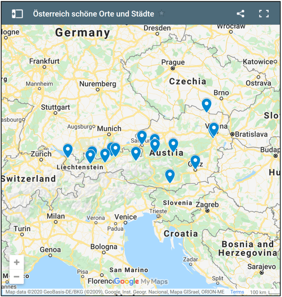 Ein Klick auf die Österreich Karte führt zu den schönen Orten (Google Maps)