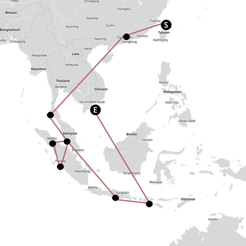 Route in Asien auf Karte