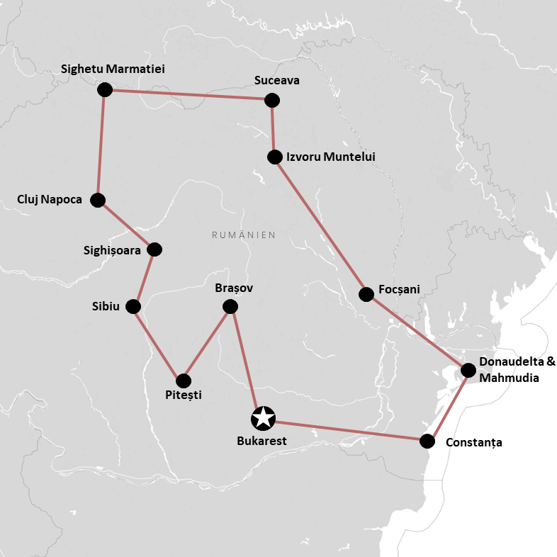 Alle Stationen unserer Rumänien Rundreise auf der Karte abgebildet