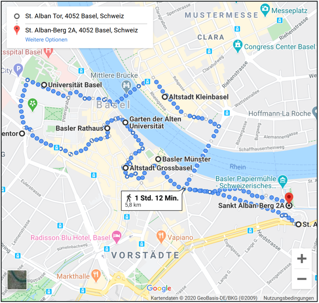 Stadt-Rundgang durch Basel mit vielen Sehenswürdigkeiten auf der Karte
