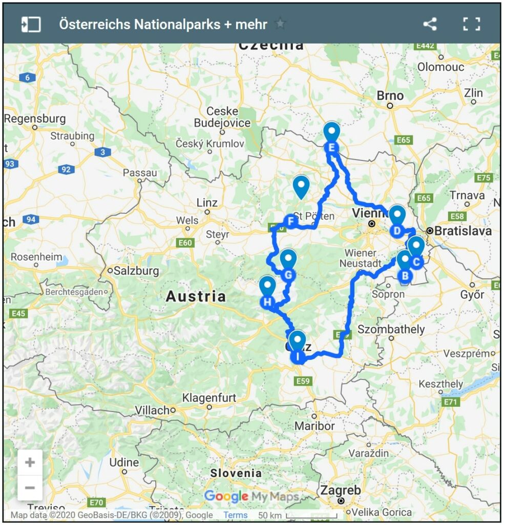 Rundreise durch Österreich, die Nationalparks, Wachau und Mariazell auf der Karte