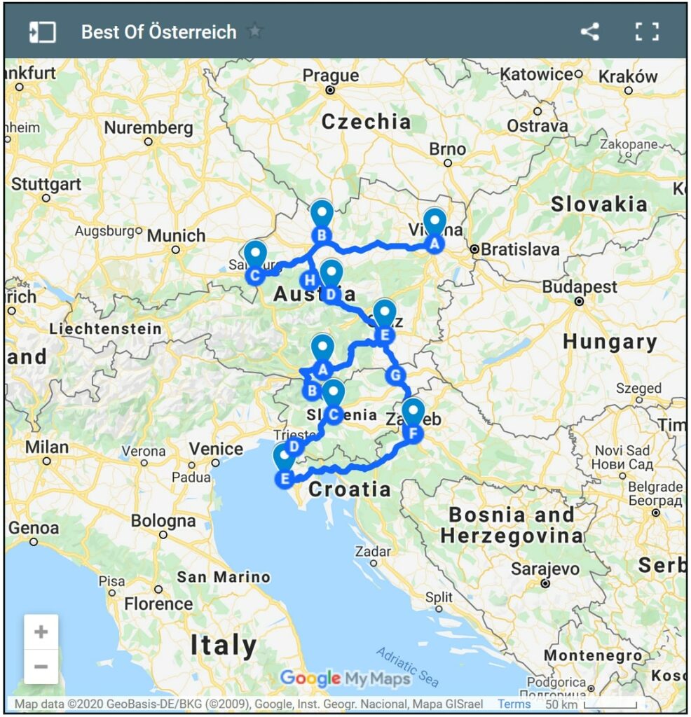 Roadtrip durch Österreich mit Kroatien, Slowenien und Italien auf der Karte