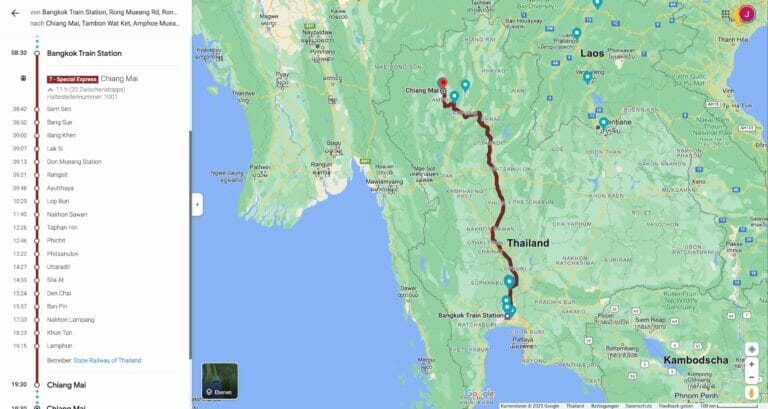 Zugstrecke zwischen Bangkok und Chiang Mai (Quelle Google Maps)