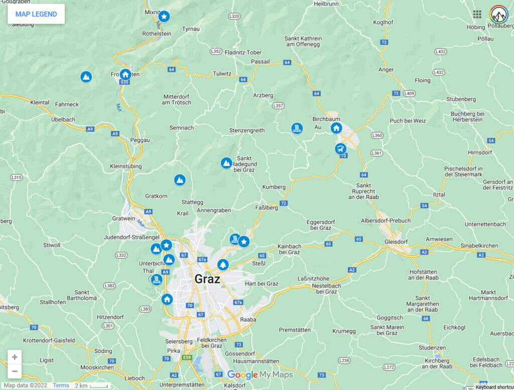 Ein Klick auf die Übersichtskarte führt zu den Wanderungen rund um Graz (Google Maps)