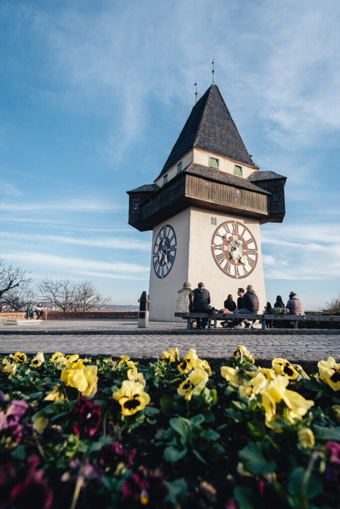 Blumenfeld vorm Uhrturm